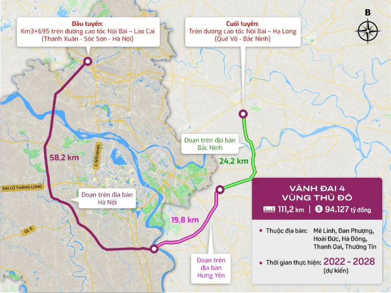 Vành đai 4 đi qua tỉnh Bắc Ninh dài bao nhiêu km?